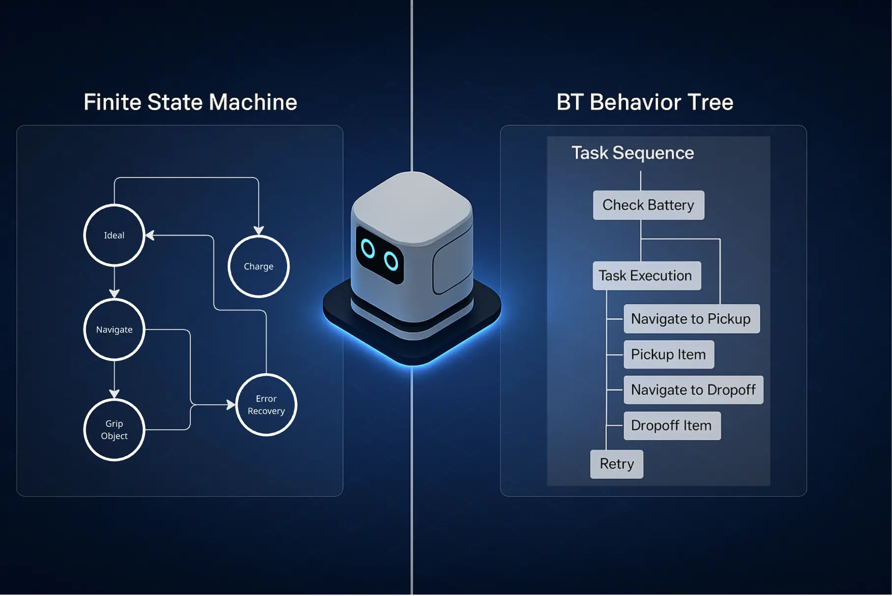 Practical Architectures for Robot Behaviors: FSMs, BTs, and Hybrid Models